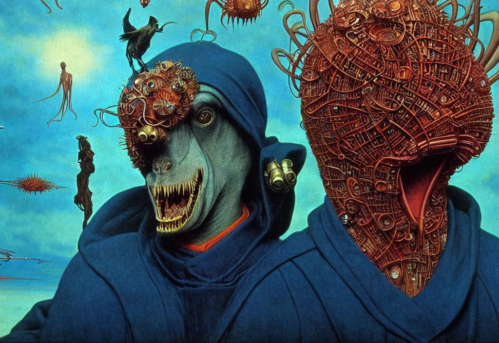 Image similar to realistic detailed portrait movie shot of a birdman wearing black robes, sci fi city landscape background by denis villeneuve, amano, yves tanguy, alphonse mucha, ernst haeckel, max ernst, roger dean, masterpiece, rich moody colours, snarling dog teeth, blue eyes