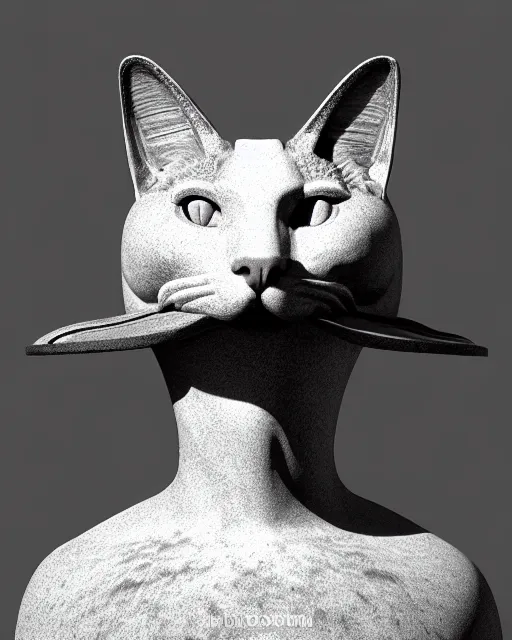 Prompt: surreal mythical dreamy black and white fine art photo of a monumental sculpture bust of a cat wearing a hat - bird - brain head, rim light, cinematic, studio dramatic light, poetic, octane render, 8 k, photo - realistic