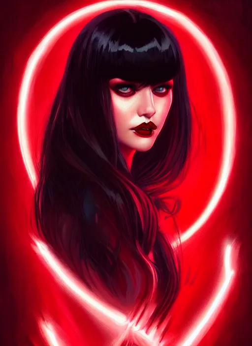 Image similar to portrait of vampire veronica lodge with bangs, vampire, long hair, red clothes, bangs, vampironica, intricate, elegant, glowing lights, highly detailed, digital painting, artstation, concept art, smooth, sharp focus, illustration, art by wlop, mars ravelo and greg rutkowski