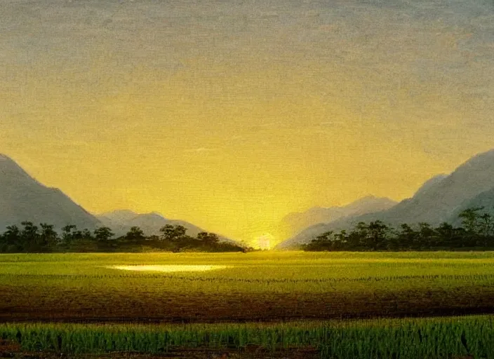 Prompt: painting of a rice paddy with two big mountains in the background, a wide asphalt road divides paddy field in the middle composition, big yellow sun rising between 2 mountains, old master masterpiece