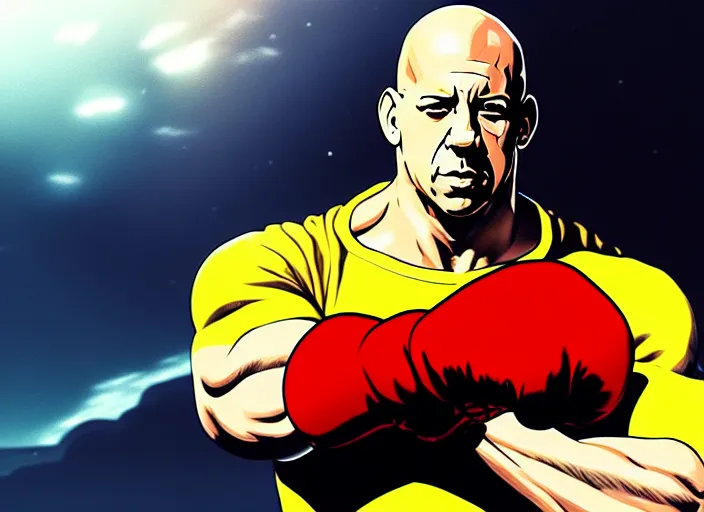 Image similar to landscape, long shot of distant vin diesel as saitama! punching!!! a car!!!!!! into space, hyperrealism, trending on artstation