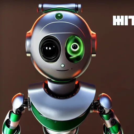 Image similar to marvin the robot from hitchikers guide to the galaxy - don't panic - uhd 8 k - wide - rendering - photorealistic