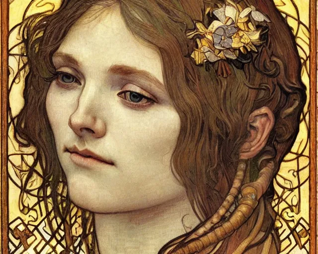 Image similar to detailed realistic beautiful young medieval queen face portrait by jean delville, alphonse mucha, vincent van gogh, and marco mazzoni, art nouveau, symbolist, visionary, gothic, pre - raphaelite