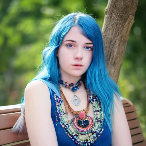 Image similar to dslr photo of a pretty young woman, full bodied portrait, with blue hair, sitting on a bench wearing a flower skirt, and body and wearing hemp sandals and a very detailed ruby necklace around neck, artgerm, artstation, very high quality face, intricate details, extremely high quality, moody lighting, real camera, real photo, 8 k, full subject in shot