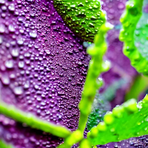 Image similar to closeup shot of alien jungle fruit covered in dew drops, looming milky purple mist in the background, tilt shift, low angle