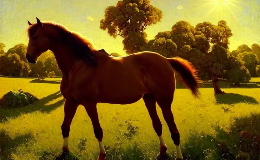 Image similar to a masterpiece oil painting of a horse backlit in a pasture. ultra wide angle, fantasy art, norman rockwell, alex ross, heroic lighting, romance novel cover, very very very beautiful raytraced rendering