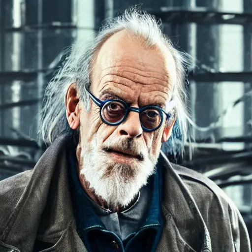 Prompt: christopher lloyd with a scruffy long beard in a dark blue trenchcoat, cinematic, volumetric lighting, f 8 aperture, cinematic eastman 5 3 8 4 film, photorealistic