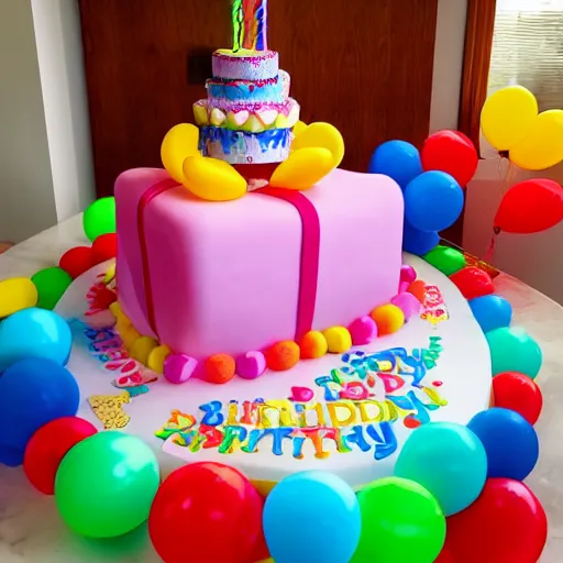 Prompt: a giant birthday cake with plenty of birthday balloons surrounding it