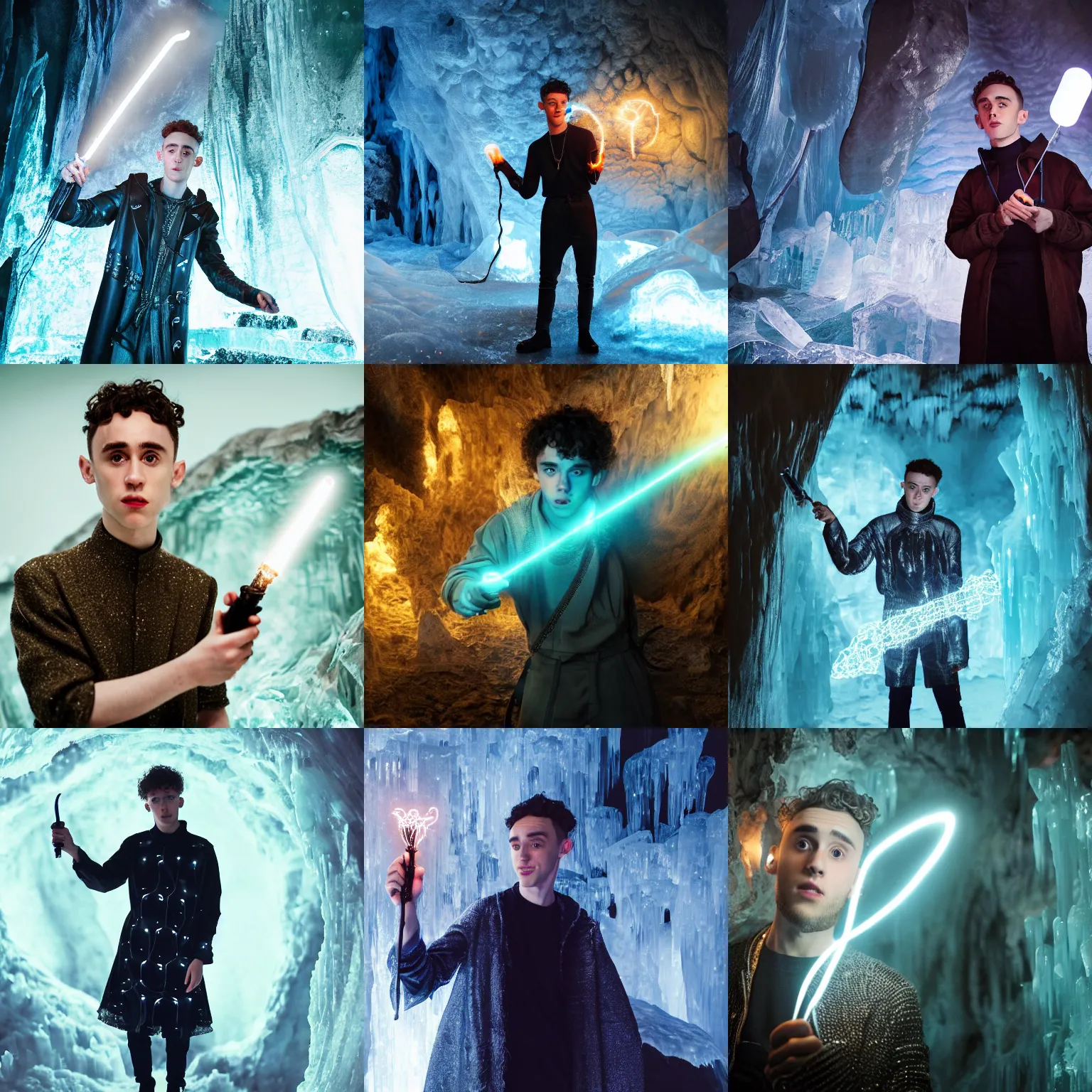 Prompt: Olly Alexander wearing highwayman tunic, holding a small glowing magical wand with electrical bolts emitting from it. In a cave made of ice. Trending on Artstation, octane render, ultra detailed, art by Ross tran