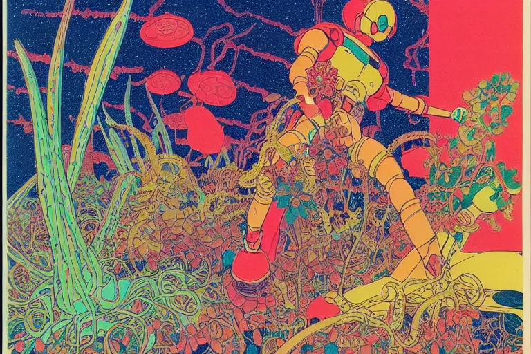 Image similar to risograph grainy drawing vintage sci - fi, satoshi kon color palette, gigantic gundam full - body covered with iridescent worms and plants 1 9 6 0, kodak, with lot tentacles and exotic flowers, natural colors, codex seraphinianus painting by moebius and satoshi kon and dirk dzimirsky