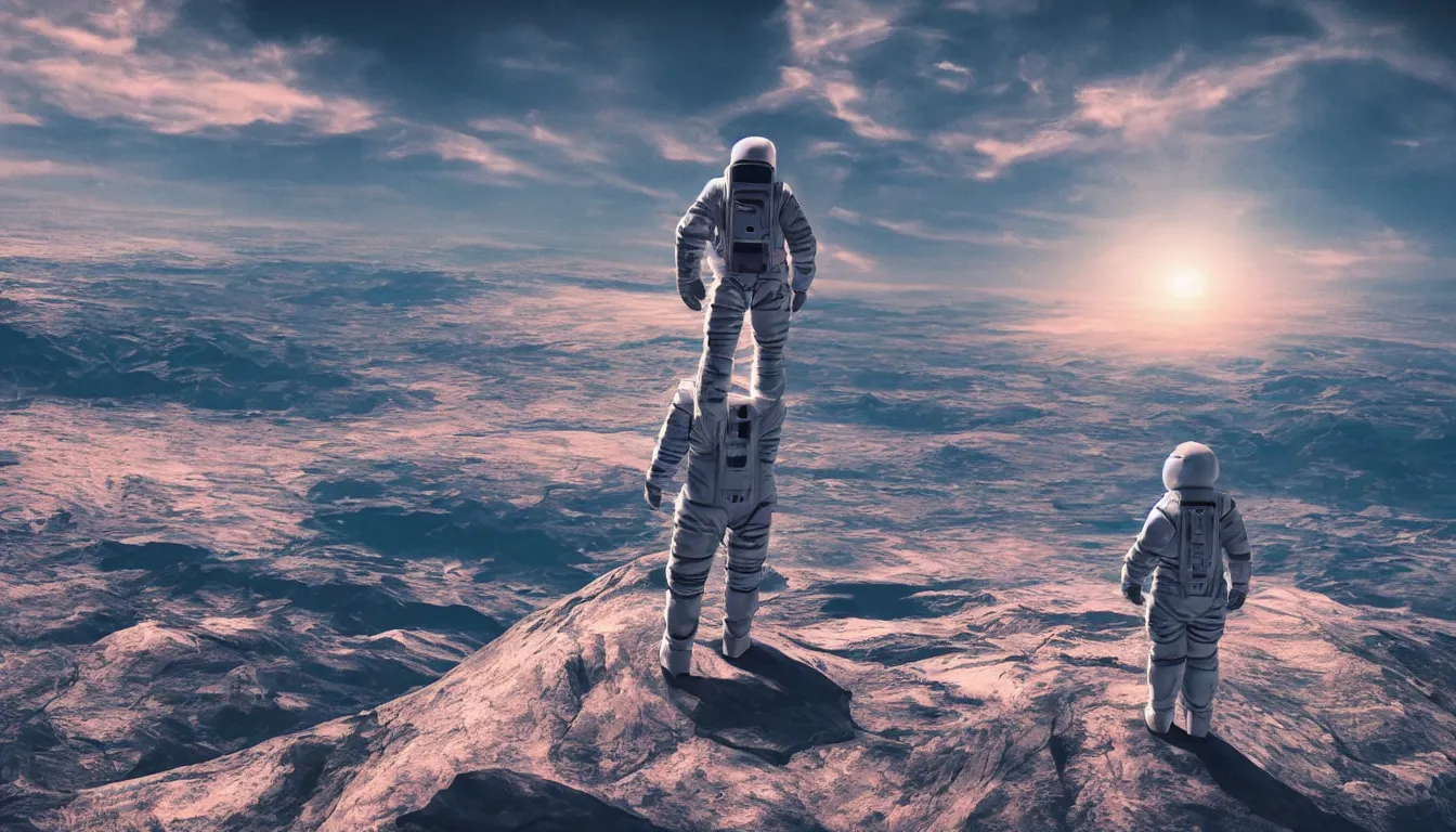 Prompt: futuristic astronaut sittingt on top of a mountain looking at the horizon of a unknown planet, close shot, sunset, cinematic, epic, dark scenario, 8k, award winning,