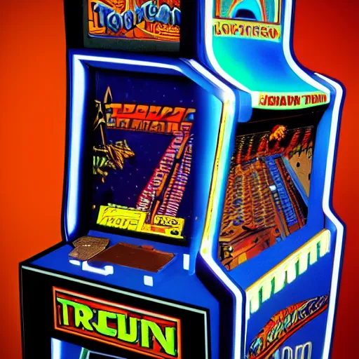 Image similar to a realistic detailed photograph of a 1 9 8 0 s arcade game cabinet of tron