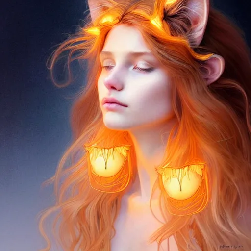 Image similar to Portrait of a girl angel with pale orange colored frizzy strands of illuminated hair, cat ears on her head, glowing halo, Lion's Mane, fantasy, intricate, elegant, highly detailed, digital painting, artstation, concept art, smooth, sharp focus, illustration, art by Krenz Cushart and Artem Demura and alphonse mucha