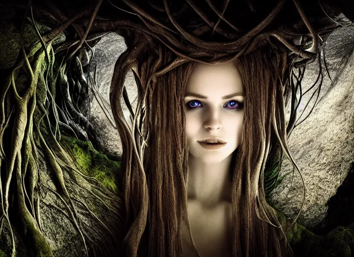 Prompt: portrait photo of roots growing down from a ceiling in an underground cavern wrapped around an elven woman. Fantasy magic horror style. Highly detailed 8k. Intricate. Nikon d850 55mm. Award winning photography.