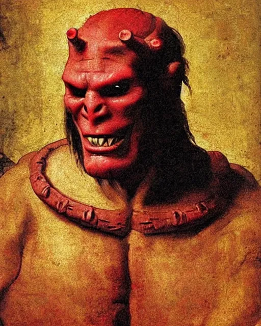 Prompt: smiling hellboy portrait by leonardo da vinci, renaissance painting