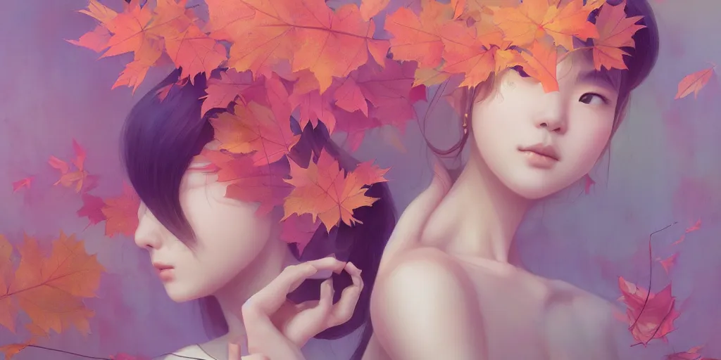 Image similar to highly detailed pastel colors of an ethereal asian beauty morphing gradually into autumn leaves, by artgerm and hsiao - ron cheng, smooth composition, fine patterns and detail