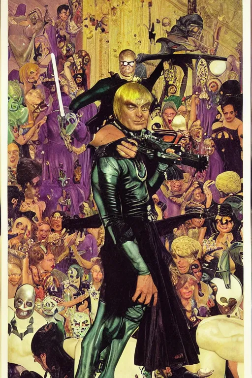 Image similar to full length portrait of groovy super villain diabolik, 1 9 6 2, by lawrence alma tadema, rick berry, norman rockwell, jason fabok. greg staples, nc wyeth, jack kirby, tom lovell