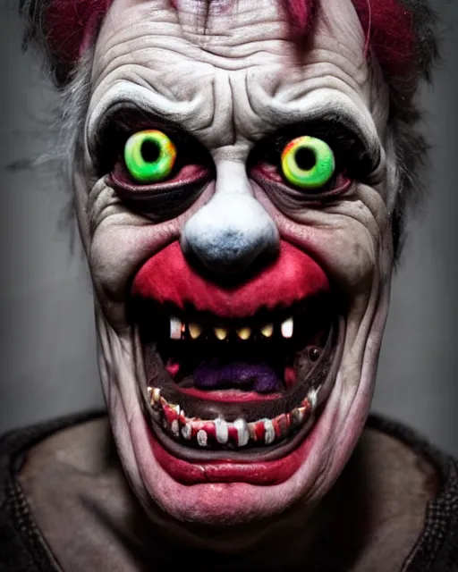 Image similar to portrait of an ugly old possessed crying clown. ugly, creepy, demonic, horror. cinematic lighting. photographic, photography. by justin roiland