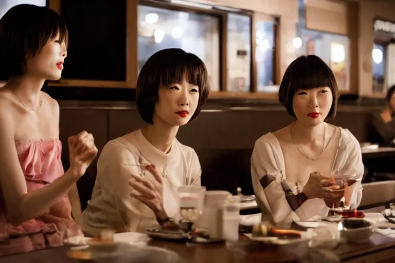 Image similar to movie interior closeup beautiful Japanese model lesbian couple closeup sitting and talking at 50s diner, night in the city, beautiful skin, by Emmanuel Lubezki