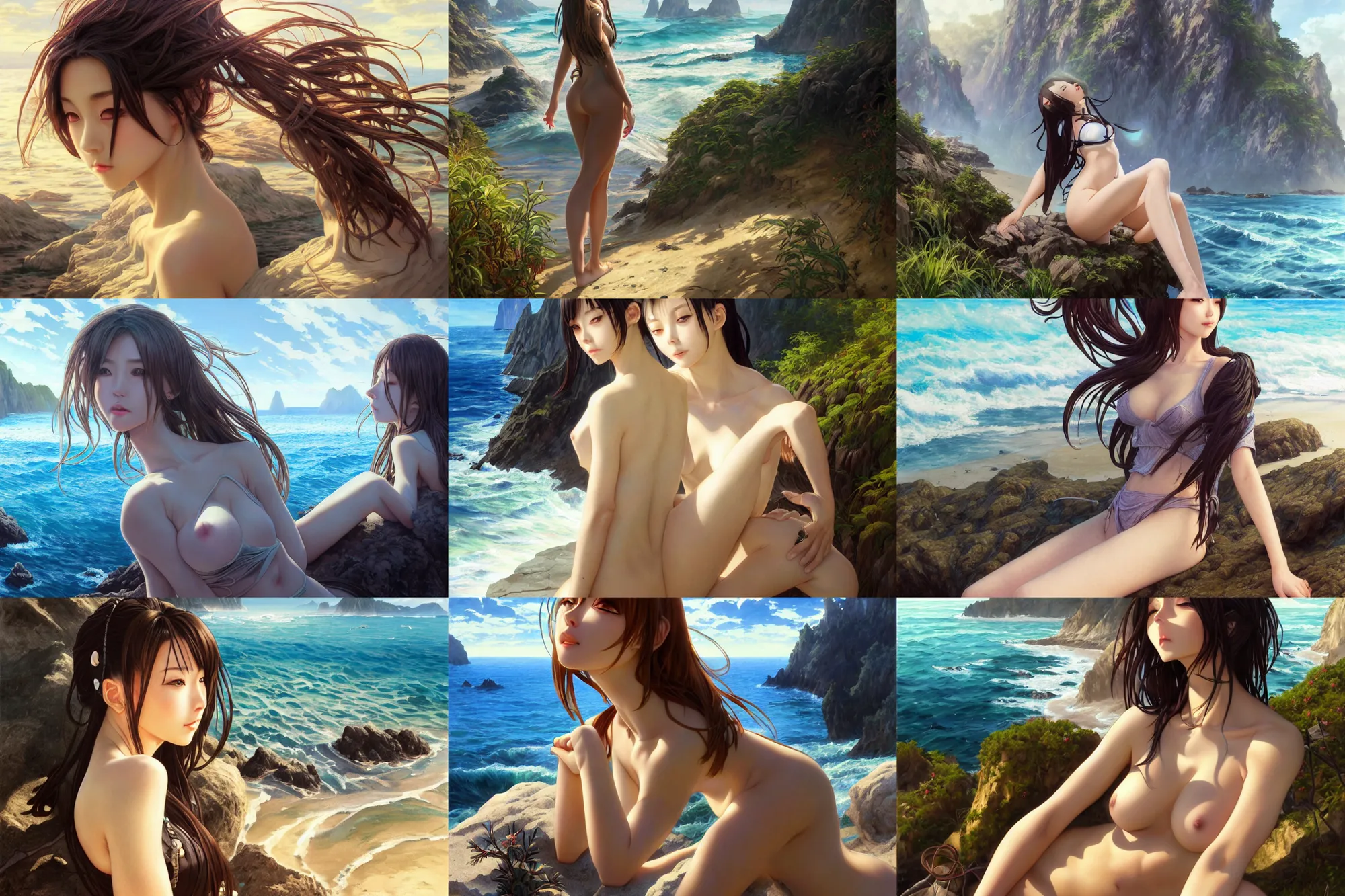 Prompt: ultra realistic beautiful secluded cliffside beach techno art, beautiful alluring anime woman, gorgeous face and figure, sci - fi, intricate, elegant, highly detailed, digital painting, artstation, concept art, smooth, sharp focus, illustration, beautiful sunlight and shadows, art by tian zi and yuxiang chen and alphonse mucha and greg rutkowski and wlop