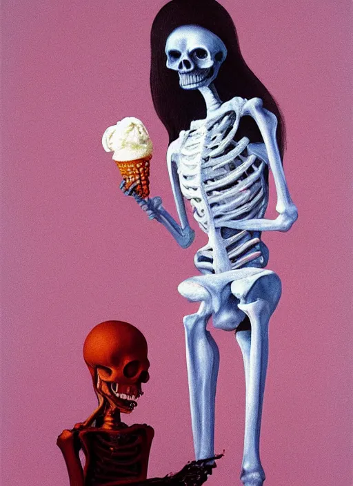 Prompt: woman skeleton holding ice cream Edward Hopper and James Gilleard, Zdzislaw Beksinski highly detailed