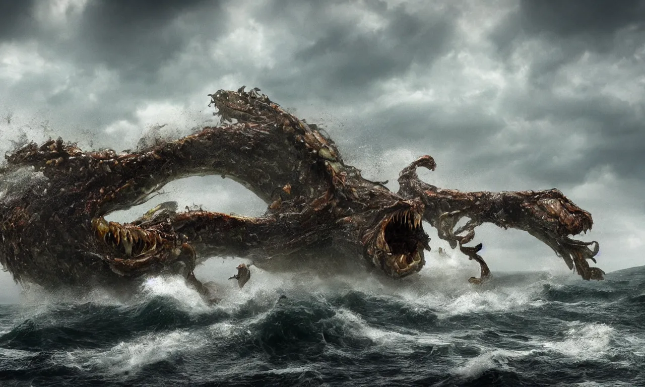 Image similar to a gigantic monster that looks like a mixture of monkfish with crocodile limbs, wet and slimy with a very large mouth, is coming out of the sea dragging its enormous weight with effort on a beach, there are people fleeing in terror, photo-realistic, stormy sky, photo by national geographical