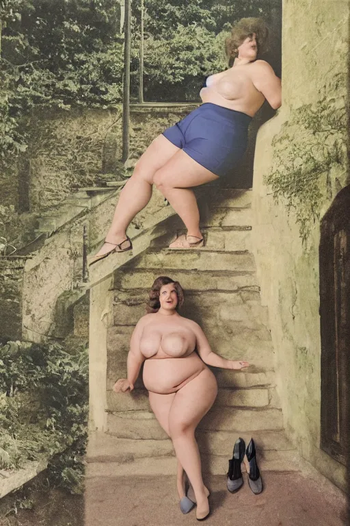Prompt: plus - sized woman sitting on the stairs of a medieval building, summer, nature, natural light, forest setting, 1 9 6 0 s art, neo - renaissance, photo collage, by tom wesselman, by mel ramos, by martial raysse, by antonello de messina, by jim silke
