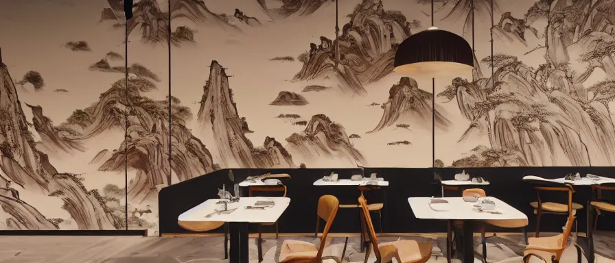 Image similar to a beautiful interior view illustration of a small roasted string hotpot restaurant in yan'an city, restaurant wall paper is tower amd mountain, rectangle white porcelain table, people are eating, black chair, animation illustrative style, from china, simple style structure decoration design, victo ngai, james jean, 4 k hd