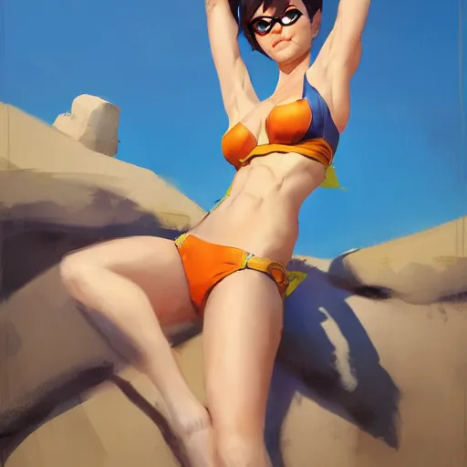 Image similar to greg manchess splashart painting of overwatch's tracer in a bikini, medium shot, asymmetrical, organic painting, sunny day, matte painting, bold shapes, hard edges, street art, trending on artstation, by huang guangjian and gil elvgren and sachin teng