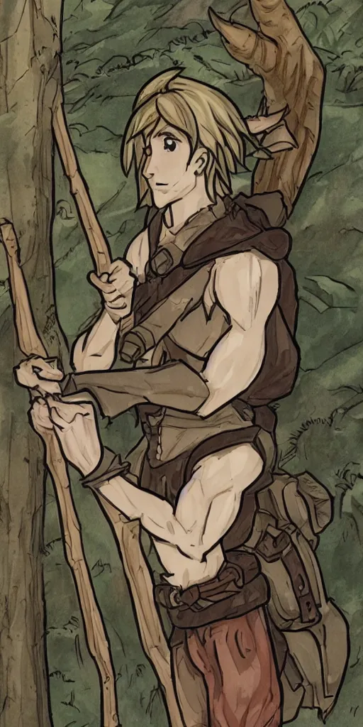 Image similar to an wood elf boy getting ready for an high fantasy adventure on the mountain side, anime style, tarot card, Tarot card the fool, fine line work