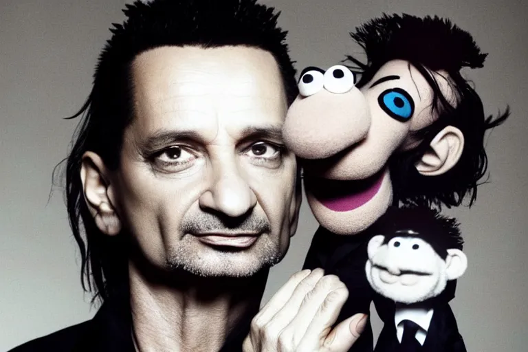 Image similar to Dave gahan made as a Muppet, by Jim Henson, close up photo, detailed face, look-alike, singing, Depeche mode, stage,