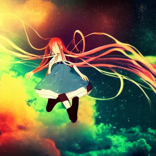 Prompt: Anime girl flying through space with a lucid dream feeling, cinematic, beautiful colours, pretty composition