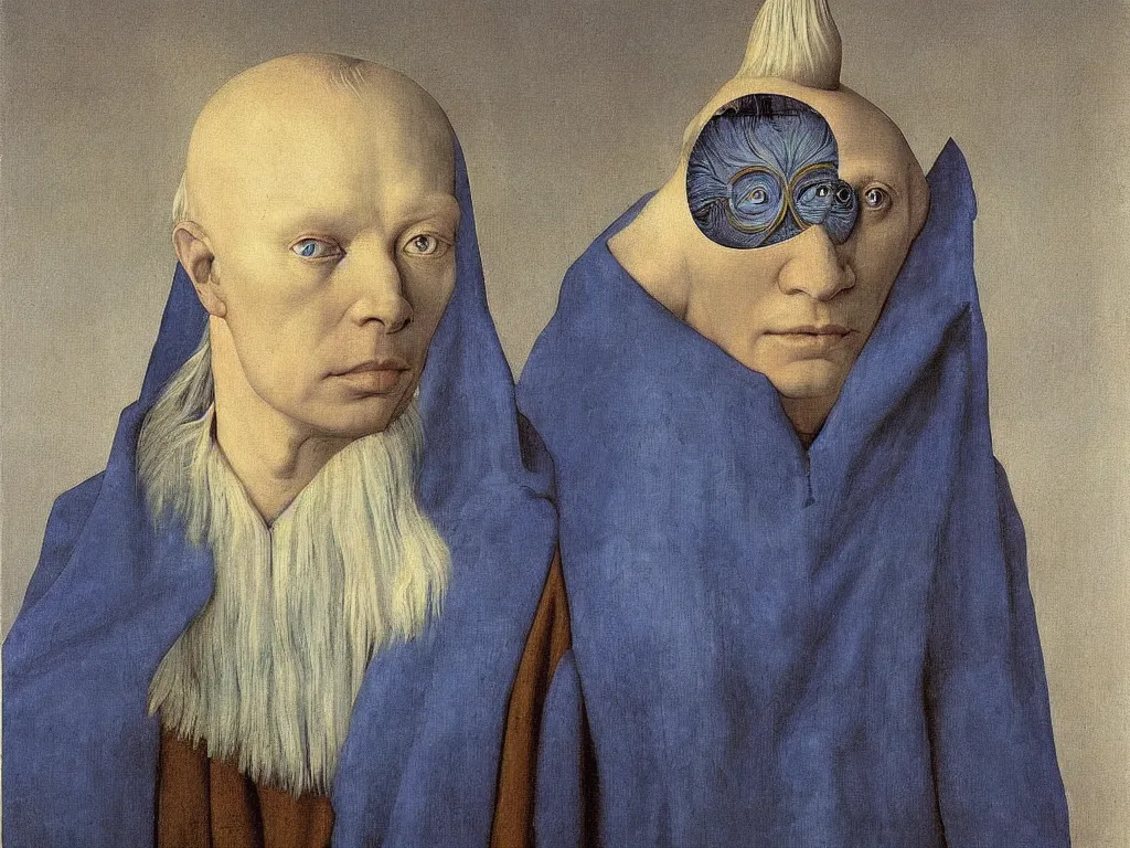 Image similar to Portrait of albino mystic with blue eyes, with cosmic wound. Painting by Jan van Eyck, Audubon, Rene Magritte, Agnes Pelton, Max Ernst, Walton Ford