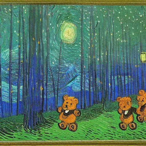 Image similar to painting of a teddy bear parade through a forest at night by Vincent Van Gogh