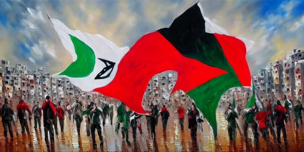 Image similar to dramatic oil painting of freedom for palestine, red green white black