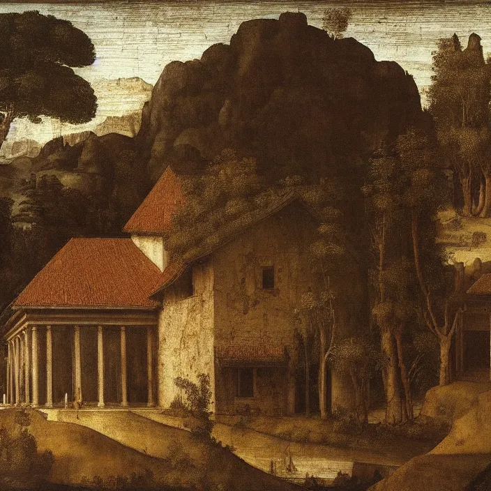 Image similar to a building in a serene landscape, by leonardo da vinci