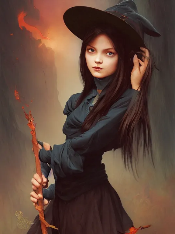 Image similar to Full shot of a mischievous young witch about to get up to some trouble. Latin American fashion. Black and Orange palette. Latina girl. brown skin. defined facial features, symmetrical facial features. By Ruan Jia and Artgerm and Range Murata and WLOP and Ross Tran and William-Adolphe Bouguereau. Key Art. Fantasy Illustration. award winning, Artstation, intricate details, realistic, Hyperdetailed, 8k resolution.