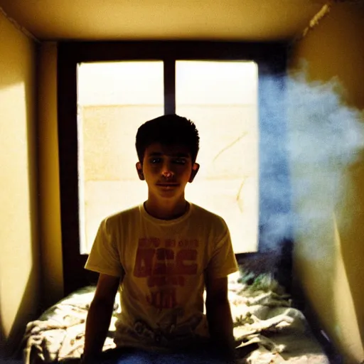 Prompt: masterpiece portrait of a photogenic cinegenic mexican teenager, chaotic teenage bedroom, bokeh, sunny day, heat haze, perfect framing, smoke, dust particles, interior shot, f2, anamorphic lens, great photographers, best photos of all times, 2004