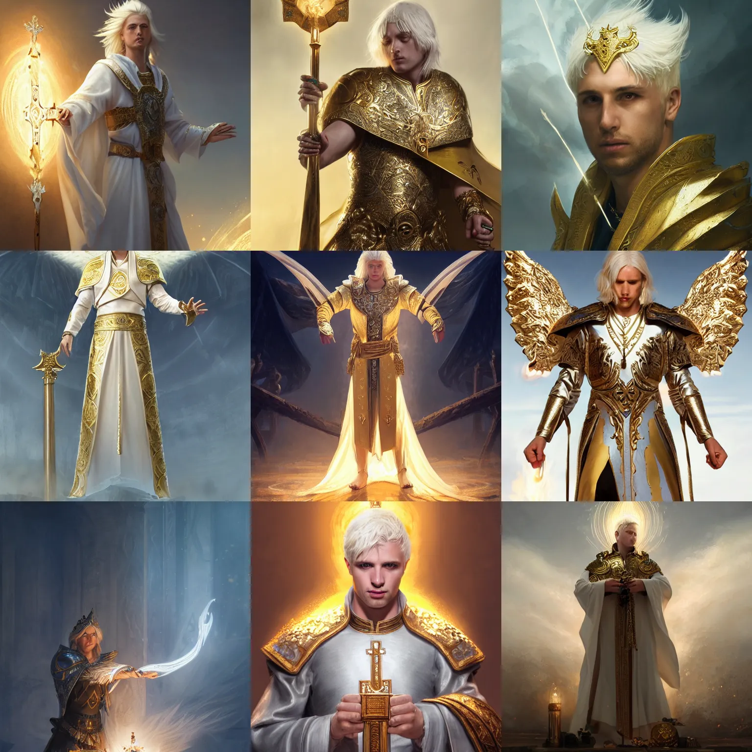 Prompt: closeup of an aasimar man with platinum blonde hair wearing white and gold vestments under armor casting a holy ritual with golden magic on a battlefield, detailed, realistic, Greg Rutkowski, 4k, pensive, dungeons and dragons, dramatic lighting, trending on Artstation, sharp focus, elegant