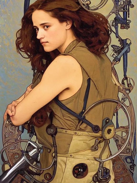 Image similar to an art nouveau style head and shoulders portrait oil painting of a pretty young alicia vikander as a mechanic in a dirty coveralls holding a wrench, in front of a round, complex rotary airplane engine, intricate, detailed, smooth, complex, elaborate, by alphonse mucha and james gurney and john william waterhouse