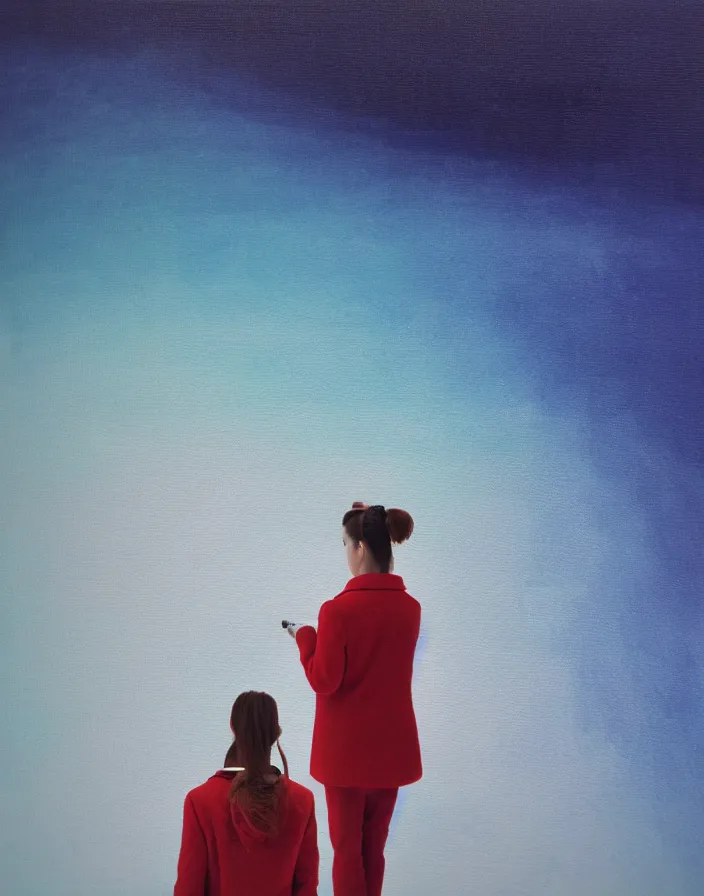 Image similar to wide shot rear view photographer woman hair in a bun long red stripe coat backpack sneakers taking photo with nikon camera in hand while looking out over a placid blue lake, a character design painting, in the style of wes anderson, lola dupre, david hockney, isolated on negative white space background dark monochrome fluorescent spraypaint accents volumetric octane render, no double figure