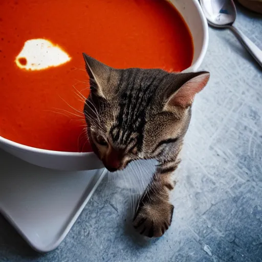 Image similar to a cat sitting on a bowl with tomato soup, professional photography