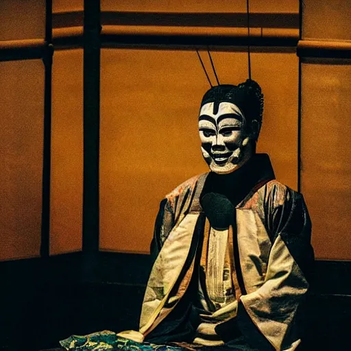 Prompt: photograph of a haunted noh theater, creepy, dark, foreboding, candlelight