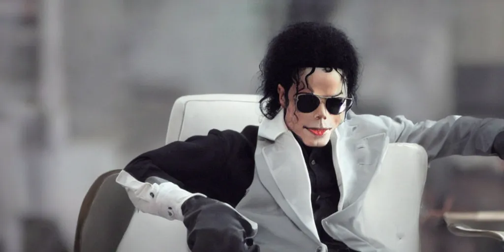 Image similar to michael jackson 2 0 0 9 wearing shades, alone, this is it style, photo real, skin, motion blur, sitting in a chair, by himself, real life, spotted, leaked, ultra realistic face, accurate, 4 k, movie still, uhd, sharp, detailed, cinematic, render, modern