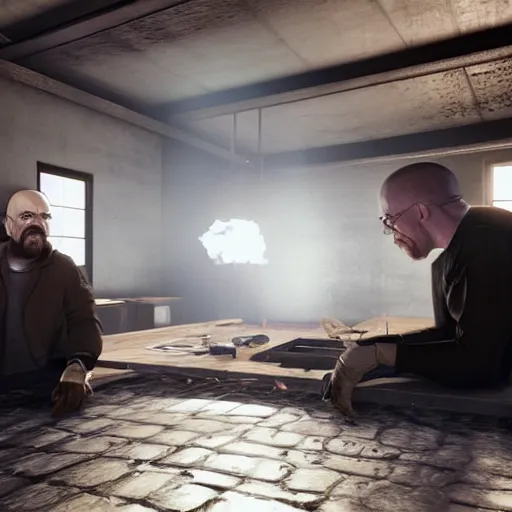 Prompt: Walter white making meth while Elon musk is tastes it. 8k ultra realistic, award winning, unreal engine 5, masterpiece, atmosphere glow, hyperrealistic, focused, extreme details, cinematic