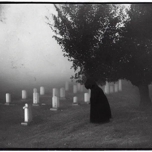 Image similar to a sad woman soul looking at his grave, night, fog, 1 9 0 0's photo