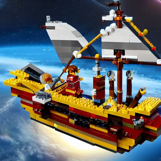 Image similar to lego scene of a pirate ship in space, photo realistic hd