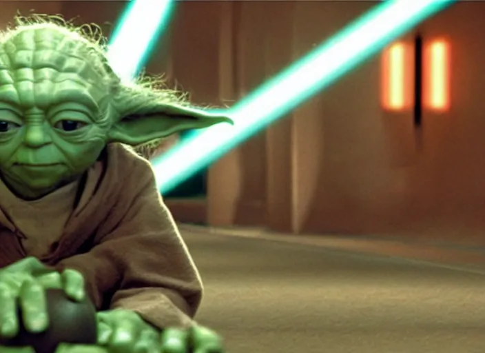 Image similar to film still of yoda uses the force to roll a bowling bowl down a lane in a bowling alley in the new Star Wars movie, 4k