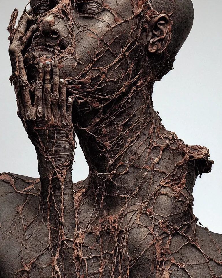Image similar to one wrapped rusted ancient mummy body full of cracks and scars, dried skin, terrifying statue sculpted by Maxfield Parrish, Wayne Barlowe, Nicola Samori and Chris Haas