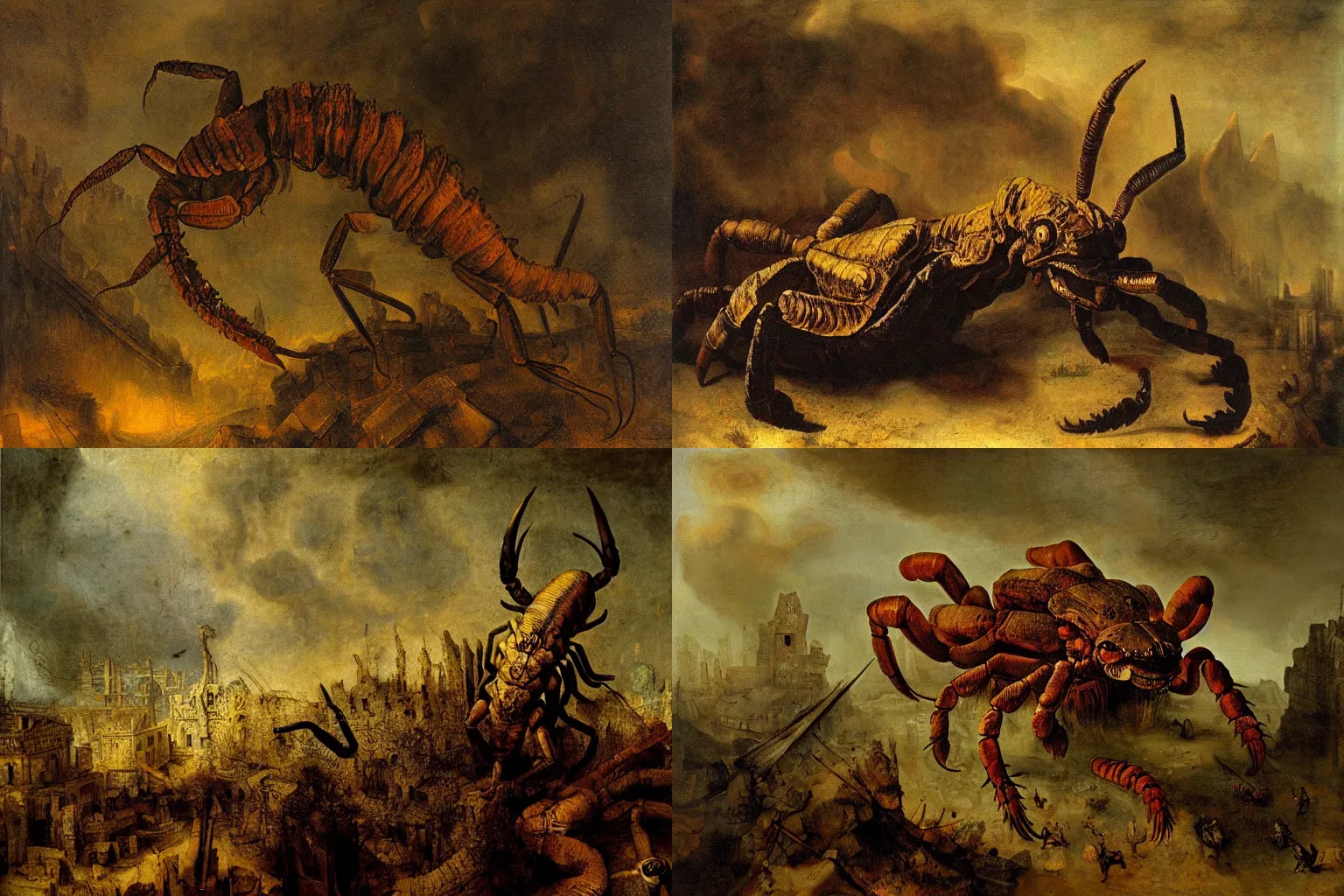 Prompt: giant scorpion. huge claws. Horrible face with horns and fangs. Mouth with thousands of teeth. It stands tall over the ruins of a city. Oil painting by rembrandt.